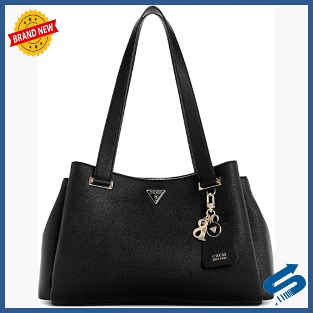 Black Satchel Shoulder Bag with Removable Charm and Gold Hardware